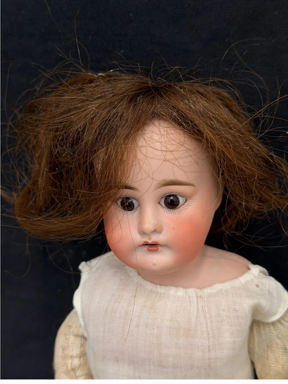 Classic Porcelain Doll in Cream Dress with Blue Stockings1890-1910 era 64/1